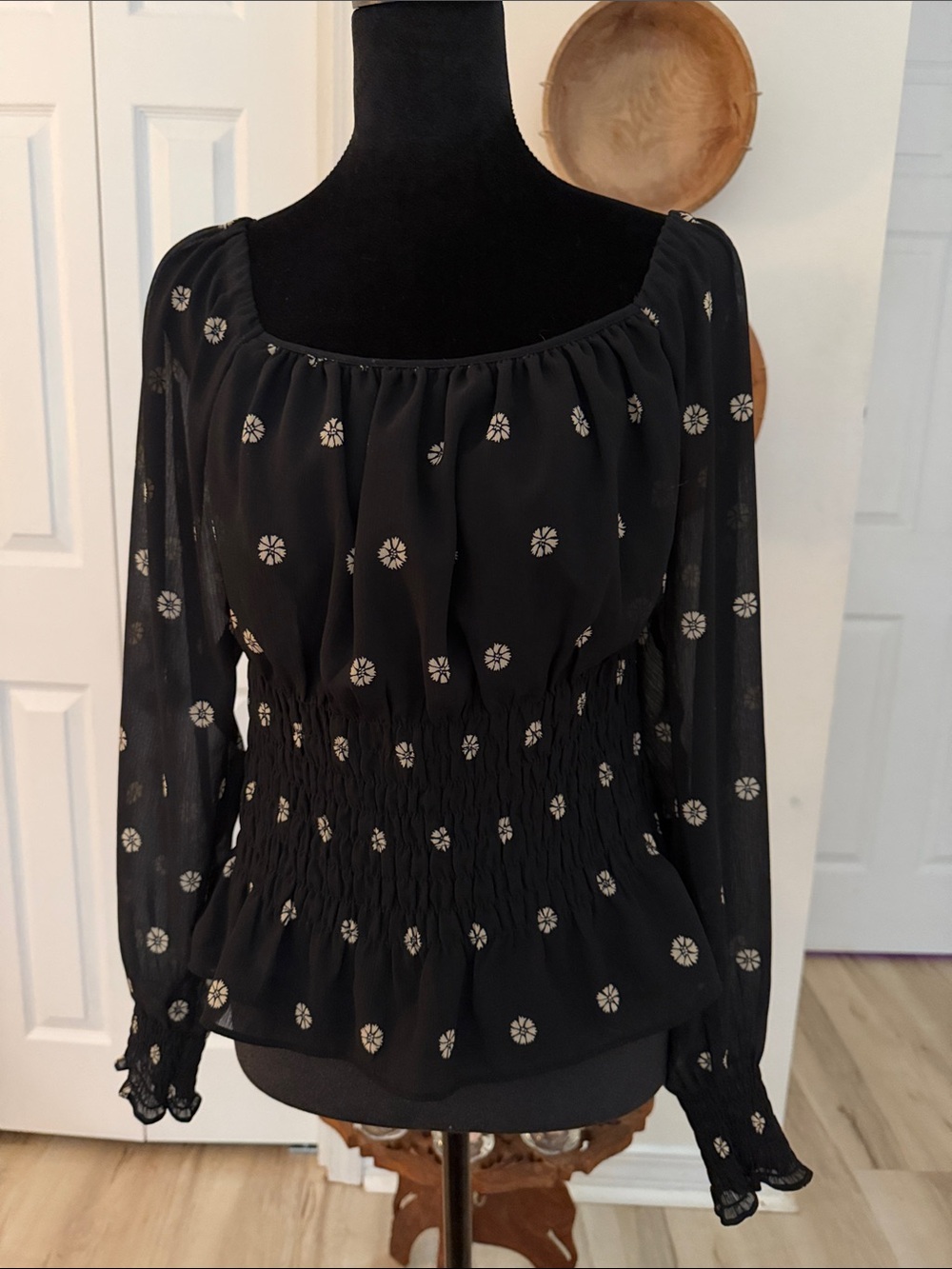 Madewell Black Sheer Printed Smocked-Waist Blouse